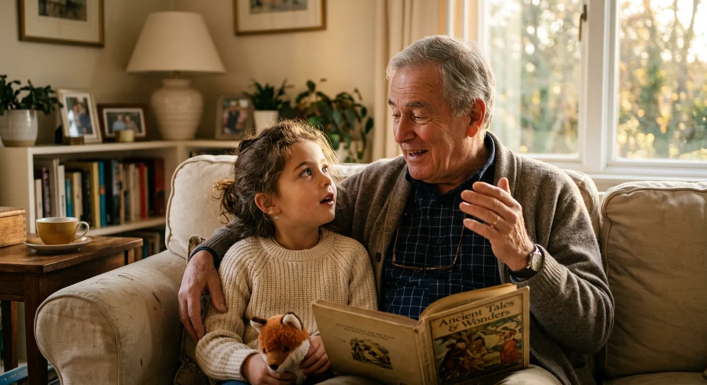 Grandparent reading a story to an engaged grandchild in a cozy setting