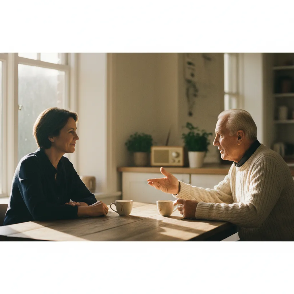 Adult child having a meaningful conversation with elderly father
