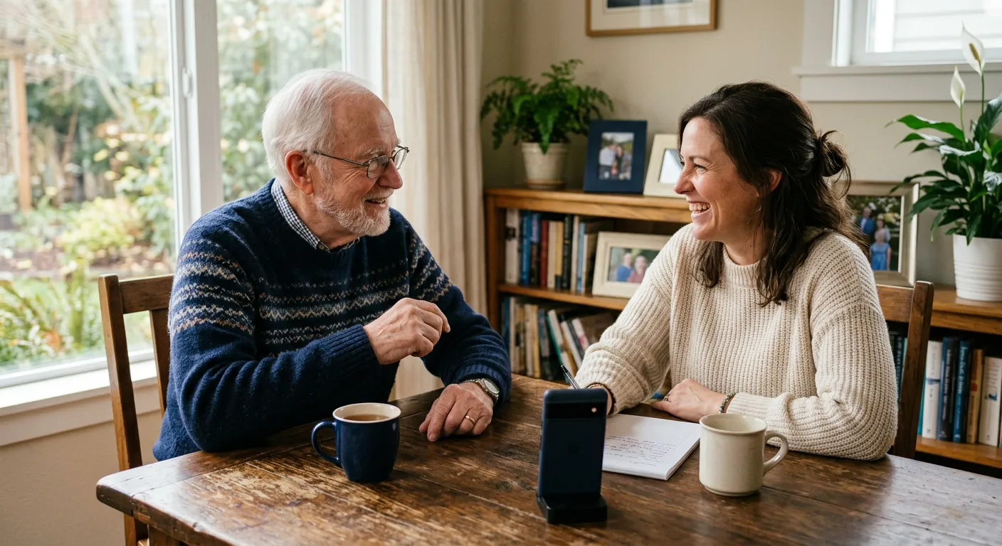 Adult child interviewing parent with recording device in a warm home setting
