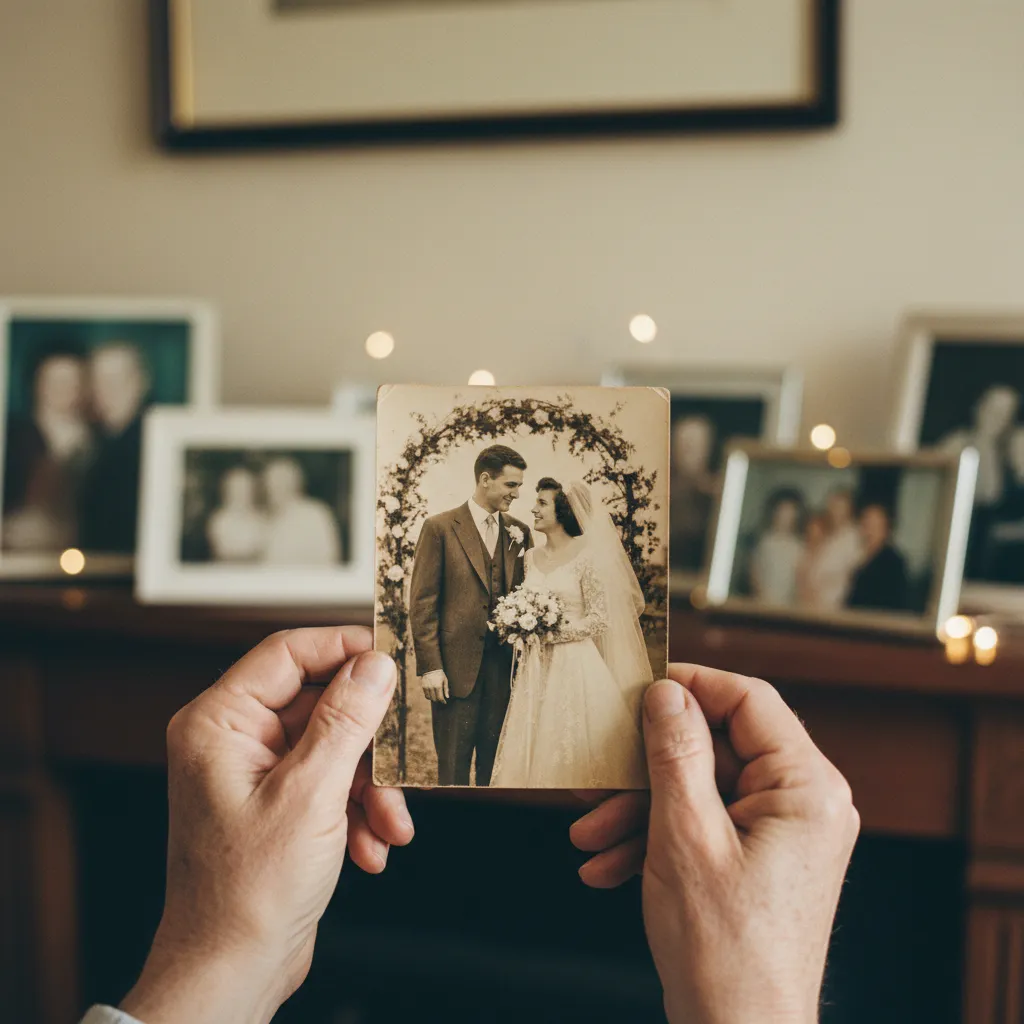 Old wedding photograph being discussed