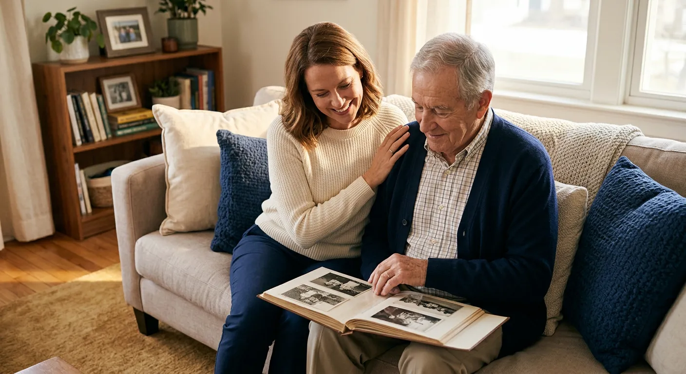 Parent and adult child in a warm, intimate conversation setting