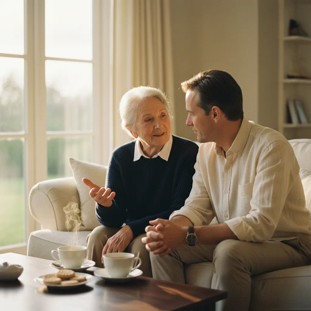 Adult child and parent engaged in a deep conversation