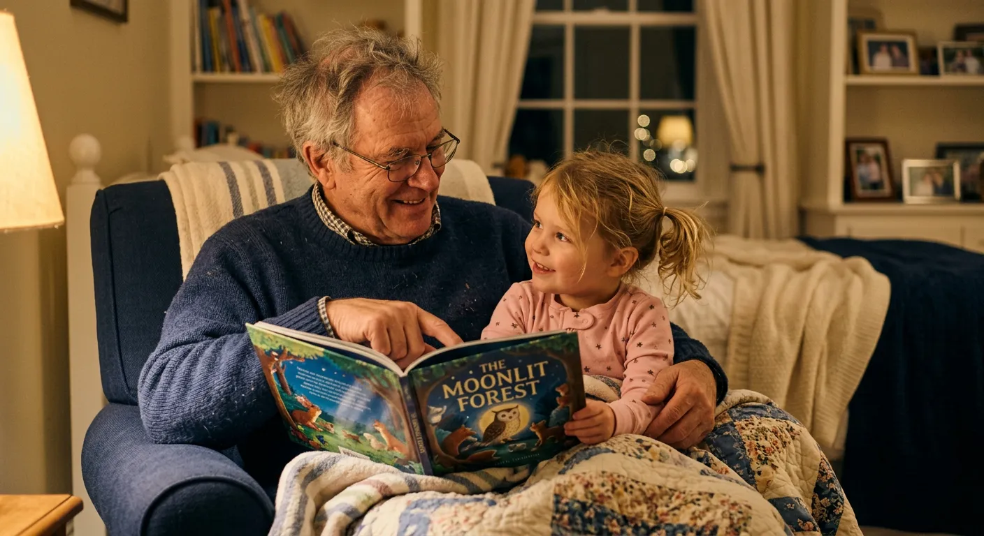Grandfather reading a bedtime story to grandchildren